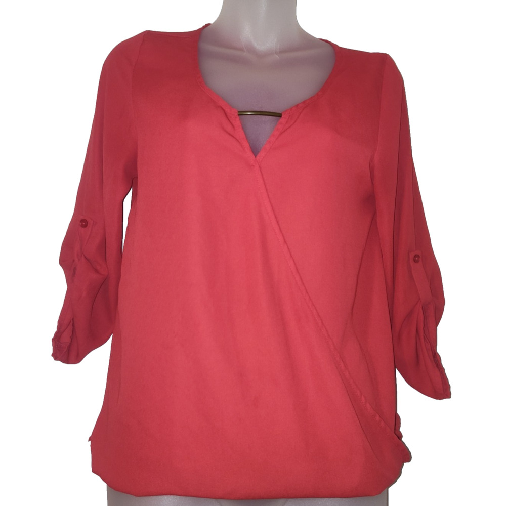Active USA Women’s Red V Neck Wrap Blouse Long Sleeve Size S BG15